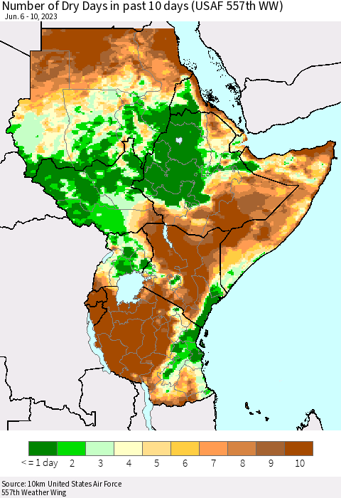 Eastern Africa Number of Dry Days in past 10 days (USAF 557th WW) Thematic Map For 6/6/2023 - 6/10/2023