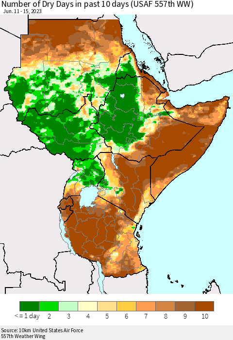 Eastern Africa Number of Dry Days in past 10 days (USAF 557th WW) Thematic Map For 6/11/2023 - 6/15/2023