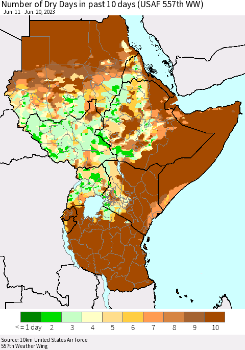 Eastern Africa Number of Dry Days in past 10 days (USAF 557th WW) Thematic Map For 6/16/2023 - 6/20/2023