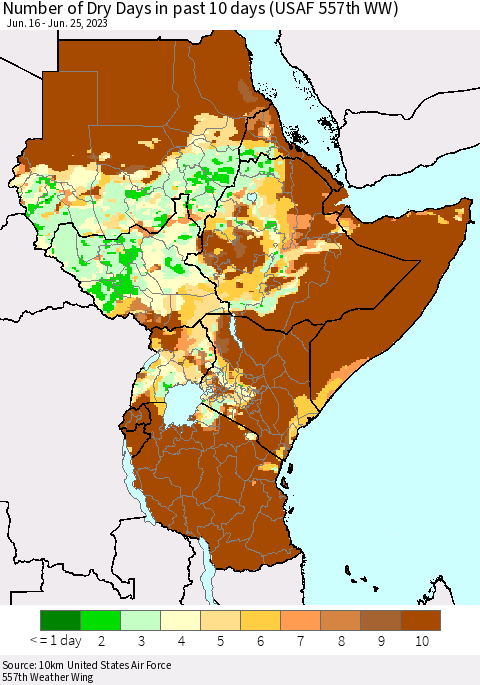 Eastern Africa Number of Dry Days in past 10 days (USAF 557th WW) Thematic Map For 6/21/2023 - 6/25/2023