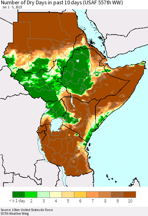 Eastern Africa Number of Dry Days in past 10 days (USAF 557th WW) Thematic Map For 7/1/2023 - 7/5/2023