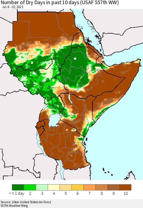 Eastern Africa Number of Dry Days in past 10 days (USAF 557th WW) Thematic Map For 7/6/2023 - 7/10/2023