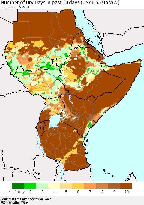 Eastern Africa Number of Dry Days in past 10 days (USAF 557th WW) Thematic Map For 7/11/2023 - 7/15/2023