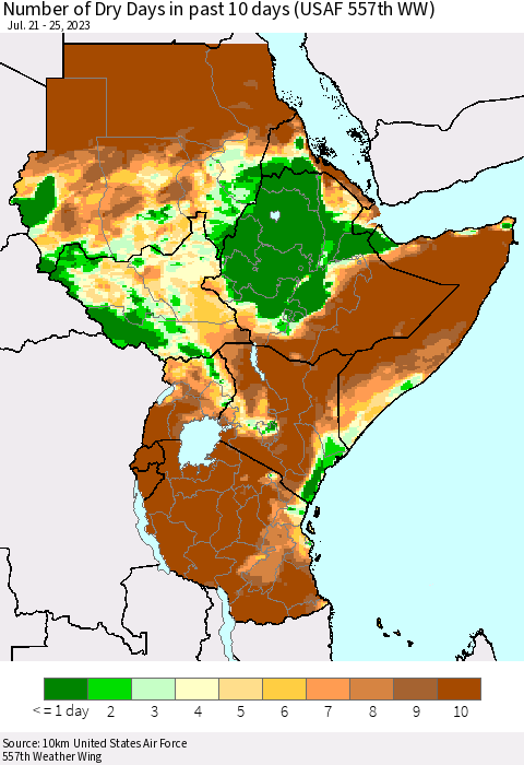 Eastern Africa Number of Dry Days in past 10 days (USAF 557th WW) Thematic Map For 7/21/2023 - 7/25/2023