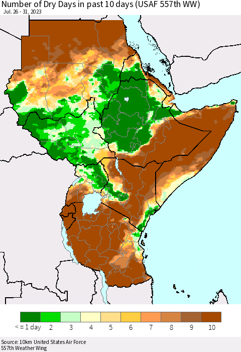 Eastern Africa Number of Dry Days in past 10 days (USAF 557th WW) Thematic Map For 7/26/2023 - 7/31/2023