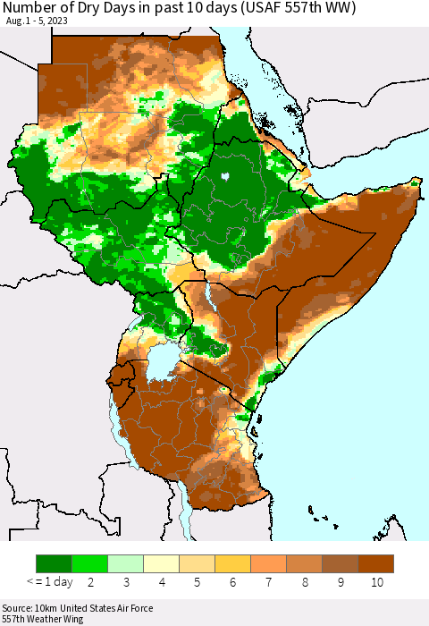 Eastern Africa Number of Dry Days in past 10 days (USAF 557th WW) Thematic Map For 8/1/2023 - 8/5/2023