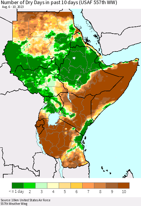 Eastern Africa Number of Dry Days in past 10 days (USAF 557th WW) Thematic Map For 8/6/2023 - 8/10/2023