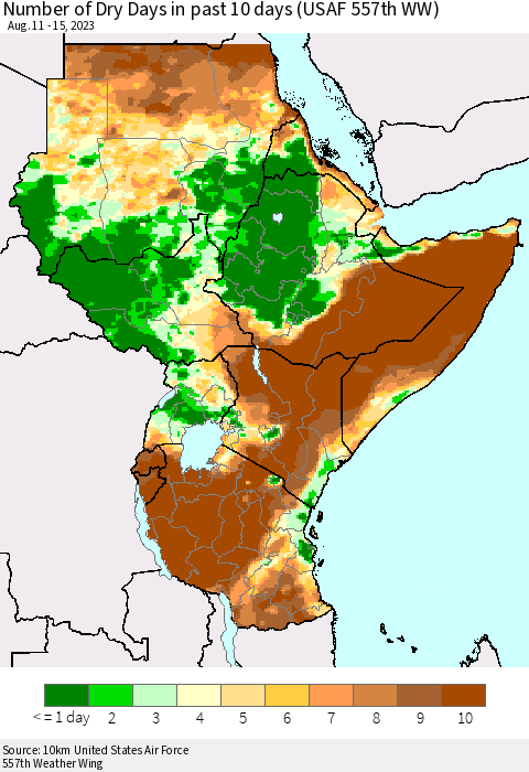 Eastern Africa Number of Dry Days in past 10 days (USAF 557th WW) Thematic Map For 8/11/2023 - 8/15/2023