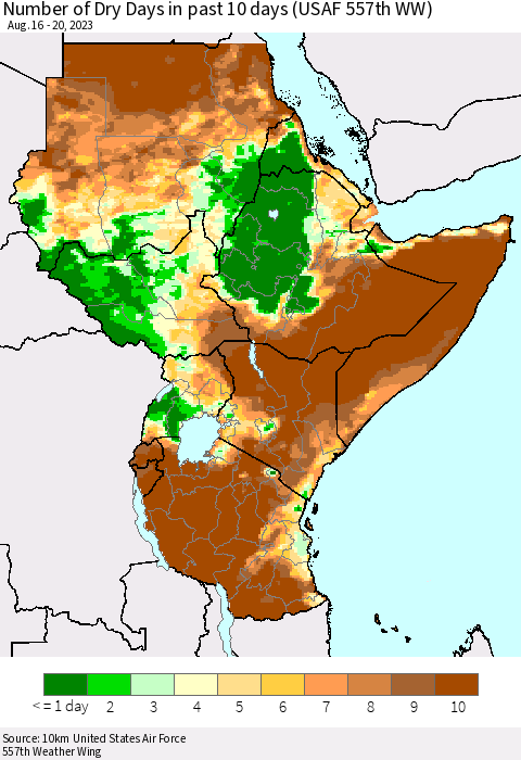 Eastern Africa Number of Dry Days in past 10 days (USAF 557th WW) Thematic Map For 8/16/2023 - 8/20/2023