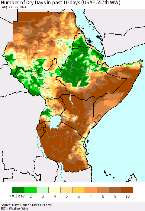 Eastern Africa Number of Dry Days in past 10 days (USAF 557th WW) Thematic Map For 8/21/2023 - 8/25/2023