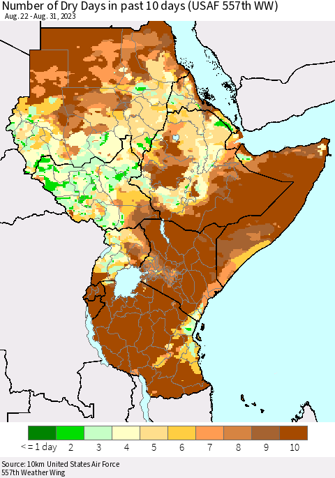 Eastern Africa Number of Dry Days in past 10 days (USAF 557th WW) Thematic Map For 8/26/2023 - 8/31/2023