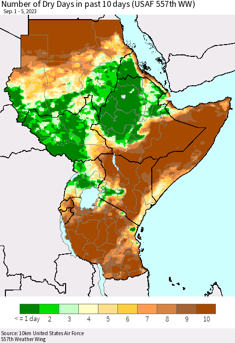 Eastern Africa Number of Dry Days in past 10 days (USAF 557th WW) Thematic Map For 9/1/2023 - 9/5/2023