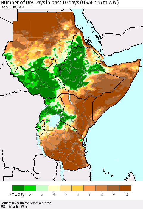 Eastern Africa Number of Dry Days in past 10 days (USAF 557th WW) Thematic Map For 9/6/2023 - 9/10/2023