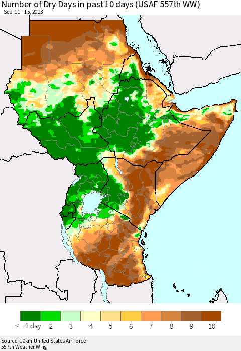 Eastern Africa Number of Dry Days in past 10 days (USAF 557th WW) Thematic Map For 9/11/2023 - 9/15/2023