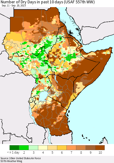 Eastern Africa Number of Dry Days in past 10 days (USAF 557th WW) Thematic Map For 9/16/2023 - 9/20/2023
