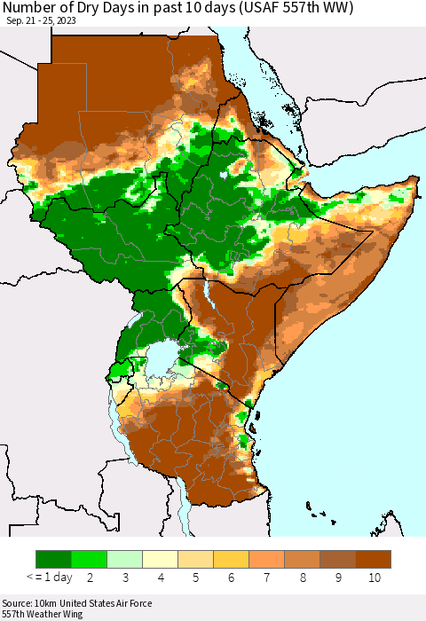 Eastern Africa Number of Dry Days in past 10 days (USAF 557th WW) Thematic Map For 9/21/2023 - 9/25/2023