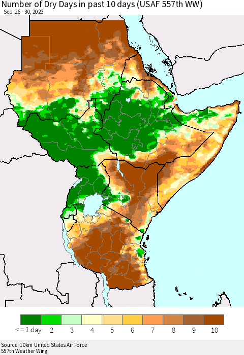 Eastern Africa Number of Dry Days in past 10 days (USAF 557th WW) Thematic Map For 9/26/2023 - 9/30/2023