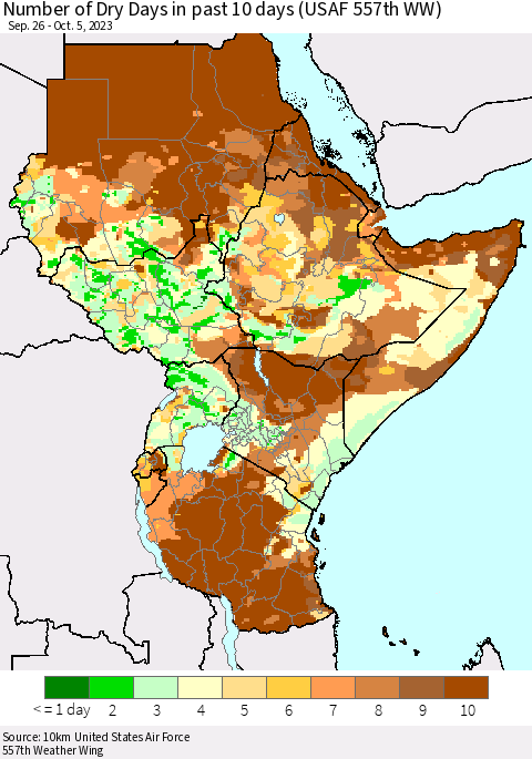 Eastern Africa Number of Dry Days in past 10 days (USAF 557th WW) Thematic Map For 10/1/2023 - 10/5/2023