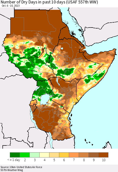 Eastern Africa Number of Dry Days in past 10 days (USAF 557th WW) Thematic Map For 10/6/2023 - 10/10/2023