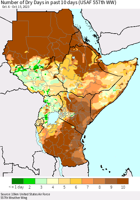 Eastern Africa Number of Dry Days in past 10 days (USAF 557th WW) Thematic Map For 10/11/2023 - 10/15/2023