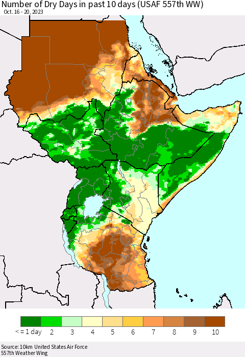 Eastern Africa Number of Dry Days in past 10 days (USAF 557th WW) Thematic Map For 10/16/2023 - 10/20/2023