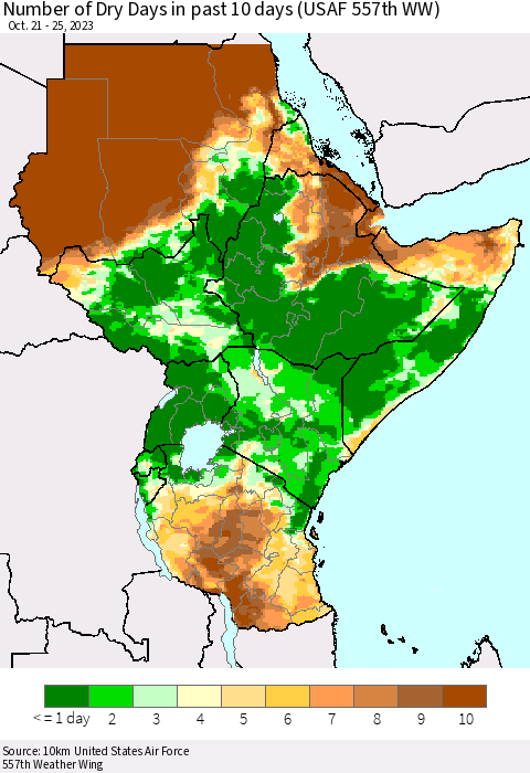Eastern Africa Number of Dry Days in past 10 days (USAF 557th WW) Thematic Map For 10/21/2023 - 10/25/2023