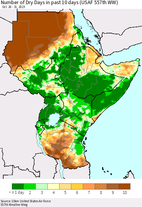Eastern Africa Number of Dry Days in past 10 days (USAF 557th WW) Thematic Map For 10/26/2023 - 10/31/2023