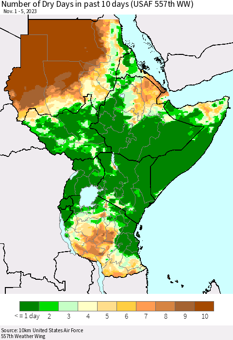 Eastern Africa Number of Dry Days in past 10 days (USAF 557th WW) Thematic Map For 11/1/2023 - 11/5/2023