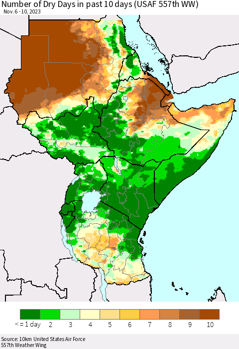 Eastern Africa Number of Dry Days in past 10 days (USAF 557th WW) Thematic Map For 11/6/2023 - 11/10/2023