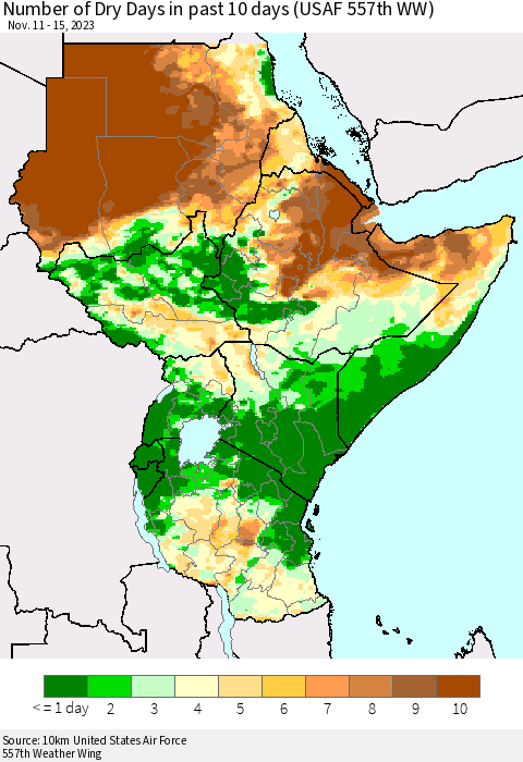 Eastern Africa Number of Dry Days in past 10 days (USAF 557th WW) Thematic Map For 11/11/2023 - 11/15/2023