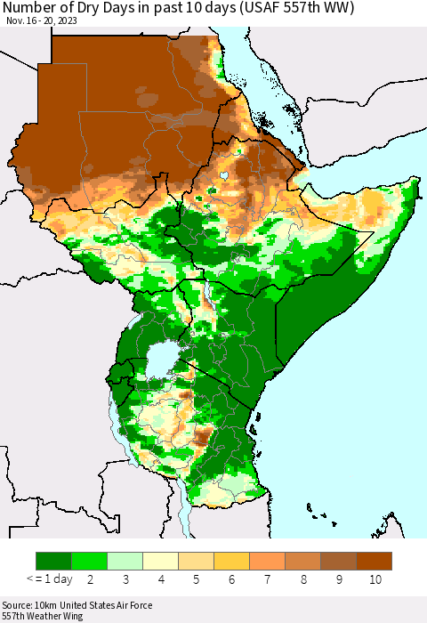 Eastern Africa Number of Dry Days in past 10 days (USAF 557th WW) Thematic Map For 11/16/2023 - 11/20/2023
