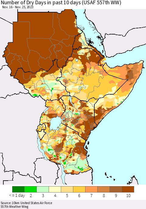 Eastern Africa Number of Dry Days in past 10 days (USAF 557th WW) Thematic Map For 11/21/2023 - 11/25/2023