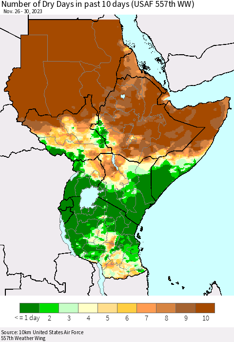 Eastern Africa Number of Dry Days in past 10 days (USAF 557th WW) Thematic Map For 11/26/2023 - 11/30/2023