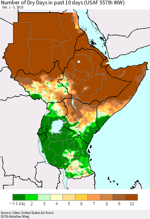 Eastern Africa Number of Dry Days in past 10 days (USAF 557th WW) Thematic Map For 12/1/2023 - 12/5/2023