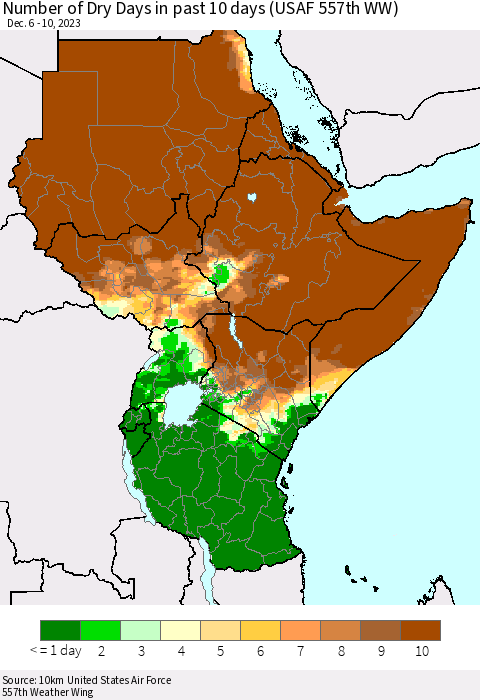 Eastern Africa Number of Dry Days in past 10 days (USAF 557th WW) Thematic Map For 12/6/2023 - 12/10/2023