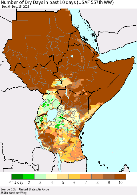Eastern Africa Number of Dry Days in past 10 days (USAF 557th WW) Thematic Map For 12/11/2023 - 12/15/2023