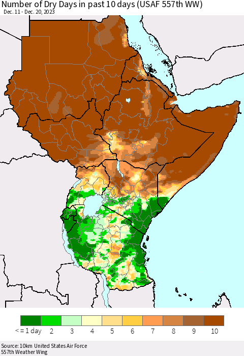 Eastern Africa Number of Dry Days in past 10 days (USAF 557th WW) Thematic Map For 12/16/2023 - 12/20/2023