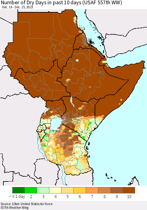 Eastern Africa Number of Dry Days in past 10 days (USAF 557th WW) Thematic Map For 12/21/2023 - 12/25/2023