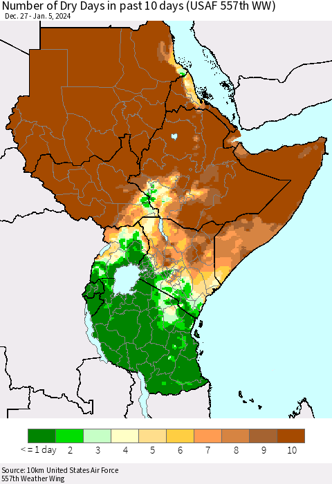 Eastern Africa Number of Dry Days in past 10 days (USAF 557th WW) Thematic Map For 1/1/2024 - 1/5/2024