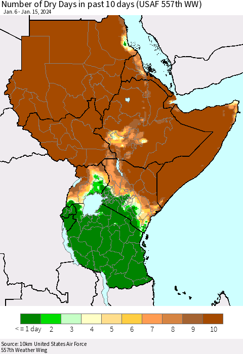 Eastern Africa Number of Dry Days in past 10 days (USAF 557th WW) Thematic Map For 1/11/2024 - 1/15/2024