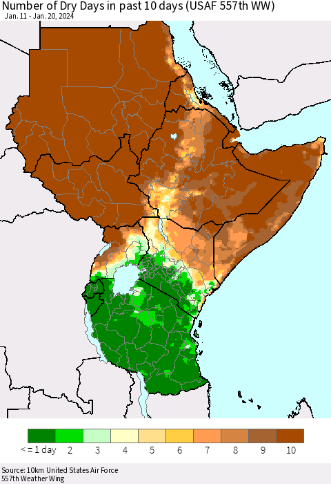 Eastern Africa Number of Dry Days in past 10 days (USAF 557th WW) Thematic Map For 1/16/2024 - 1/20/2024