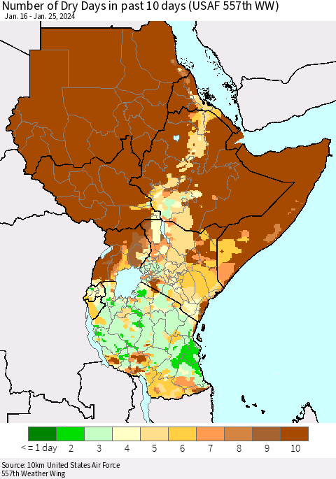 Eastern Africa Number of Dry Days in past 10 days (USAF 557th WW) Thematic Map For 1/21/2024 - 1/25/2024
