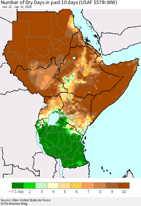 Eastern Africa Number of Dry Days in past 10 days (USAF 557th WW) Thematic Map For 1/26/2024 - 1/31/2024