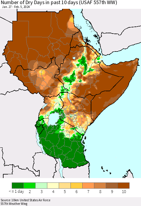 Eastern Africa Number of Dry Days in past 10 days (USAF 557th WW) Thematic Map For 2/1/2024 - 2/5/2024