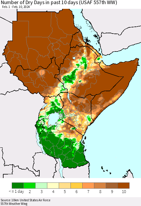 Eastern Africa Number of Dry Days in past 10 days (USAF 557th WW) Thematic Map For 2/6/2024 - 2/10/2024