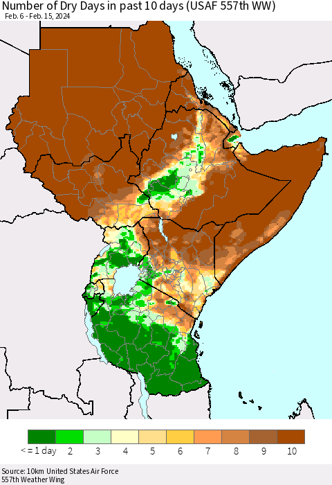 Eastern Africa Number of Dry Days in past 10 days (USAF 557th WW) Thematic Map For 2/11/2024 - 2/15/2024