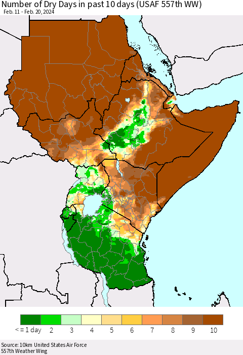 Eastern Africa Number of Dry Days in past 10 days (USAF 557th WW) Thematic Map For 2/16/2024 - 2/20/2024