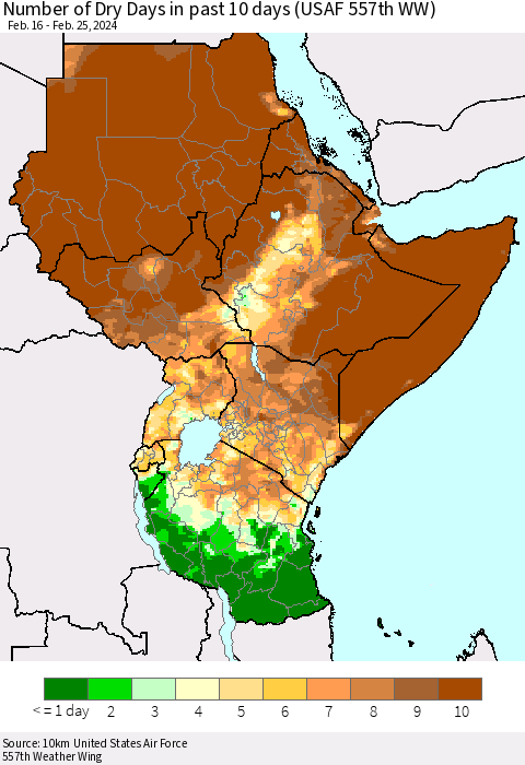 Eastern Africa Number of Dry Days in past 10 days (USAF 557th WW) Thematic Map For 2/21/2024 - 2/25/2024