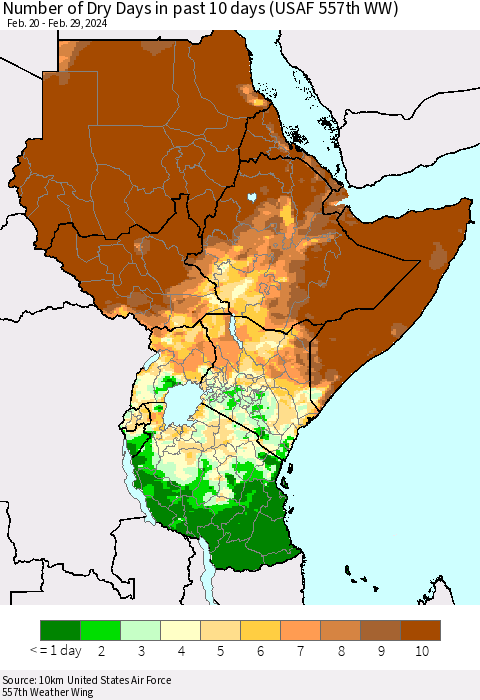 Eastern Africa Number of Dry Days in past 10 days (USAF 557th WW) Thematic Map For 2/26/2024 - 2/29/2024