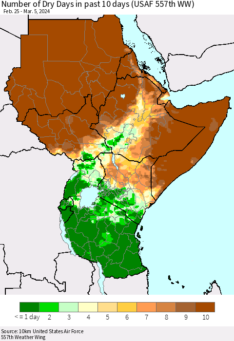 Eastern Africa Number of Dry Days in past 10 days (USAF 557th WW) Thematic Map For 3/1/2024 - 3/5/2024